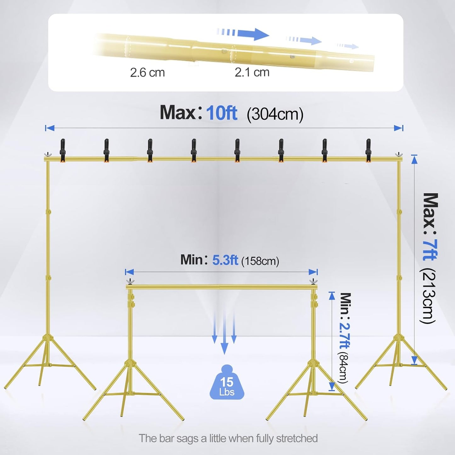 EMART Backdrop Stand 10x7ft(WxH) Photo Studio Adjustable Background Stand Support kit with 2 Crossbars, 8 Clamps, 2 Sandbags and Carry Bag for Parties, Events Decoration, Wedding -Titanium Gold