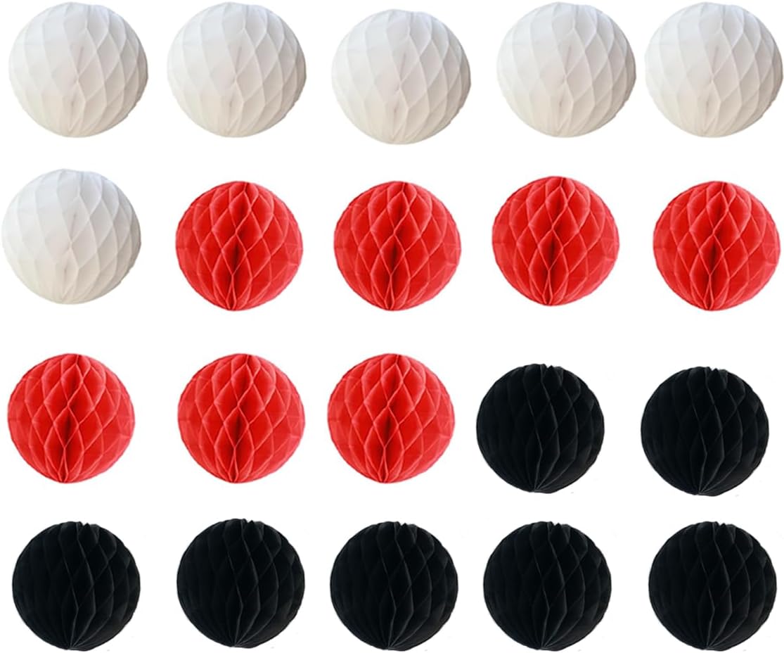 20pcs Honeycomb Flower Balls Party Honeycomb Balls Decoration Paper Flower Balls Tissue Paper Flower Ball Pom Poms Ball for Birthday Wedding Home Decor (6inch, White red Black)