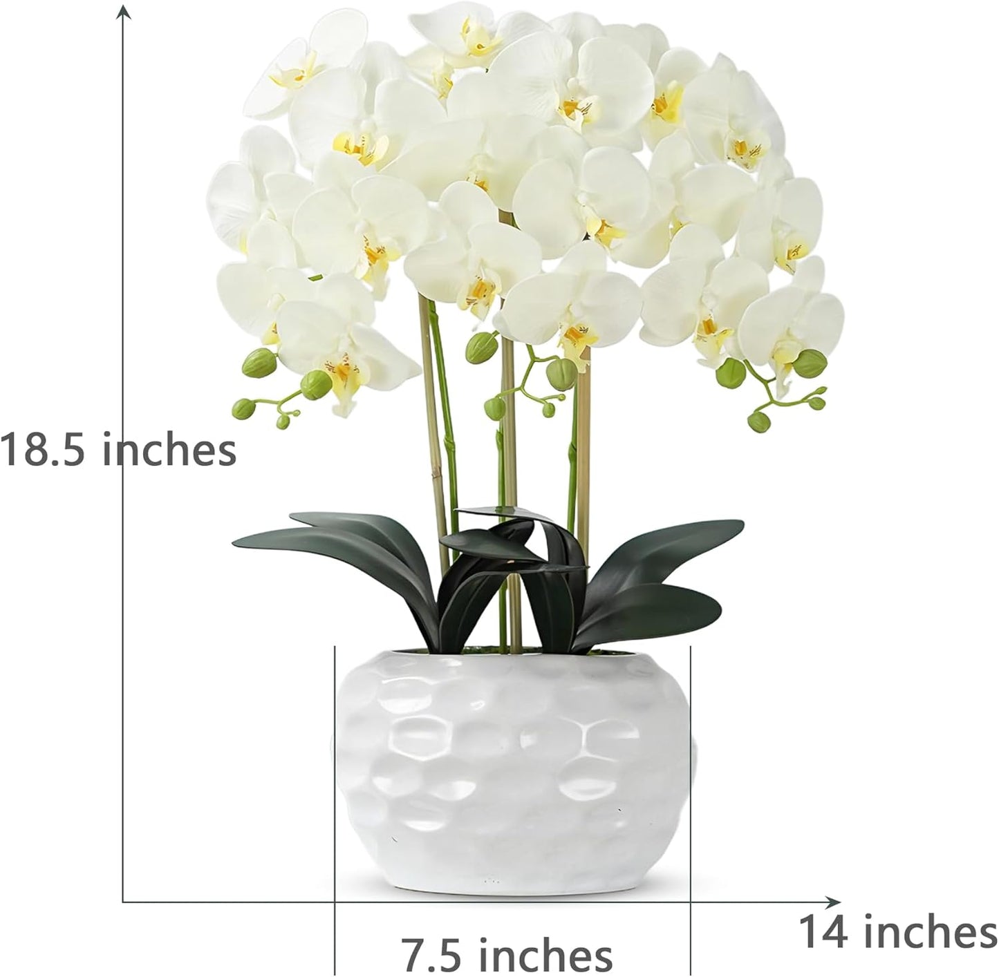 Orchid Artificial Flowers with White Vase Large Silk Faux Phalaenopsis Flowers for Dining Room Table Floral Centerpieces Indoor Decoration,White
