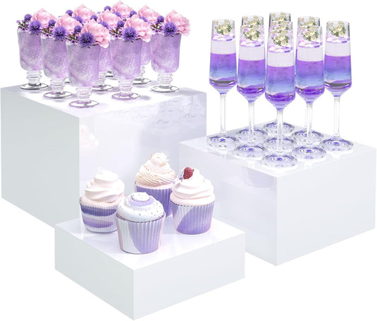 Buffet Risers, Food Display Risers for Party, White Acrylic Risers Display Stand for Buffet Table, Catering Displays for Dessert, Cube Box Nesting Riser with Hollow Bottoms (6"x7"x8" 3PCS)