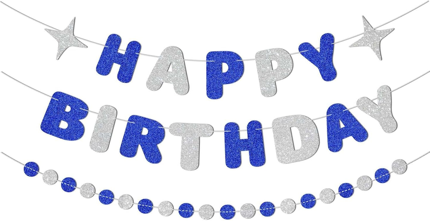 Royal Blue and Silver Happy Birthday Banner-Happy Birthday Decorations for Boys Men,Glitter Garland Sign for 6st 10st 13st 17st Blue Party Decor,Bday Backdrop Supplies