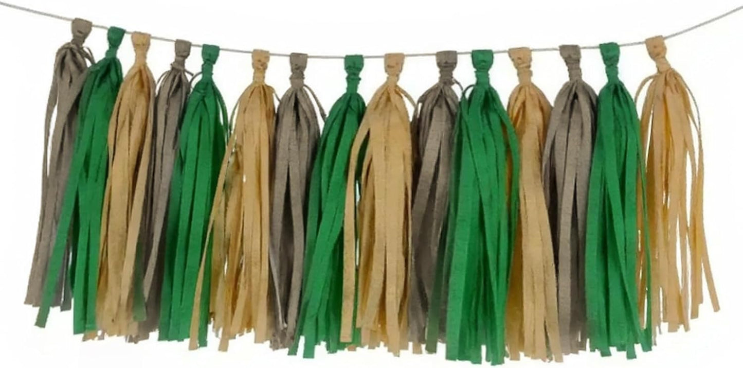 Green and Brown Tissue Tassel Garland, Party Decoration Tissue Tassel Banner, Set of 15 Pieces