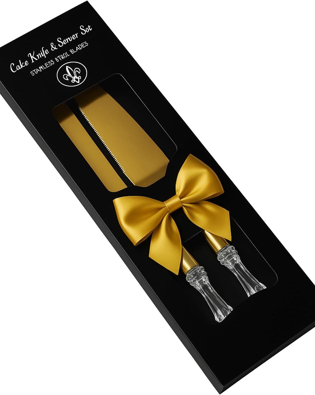 Elegant Cake Knife and Server Set - Stainless Steel with Crystal Handle - Perfect for Weddings & Anniversaries,and Special Celebrations (Gold)