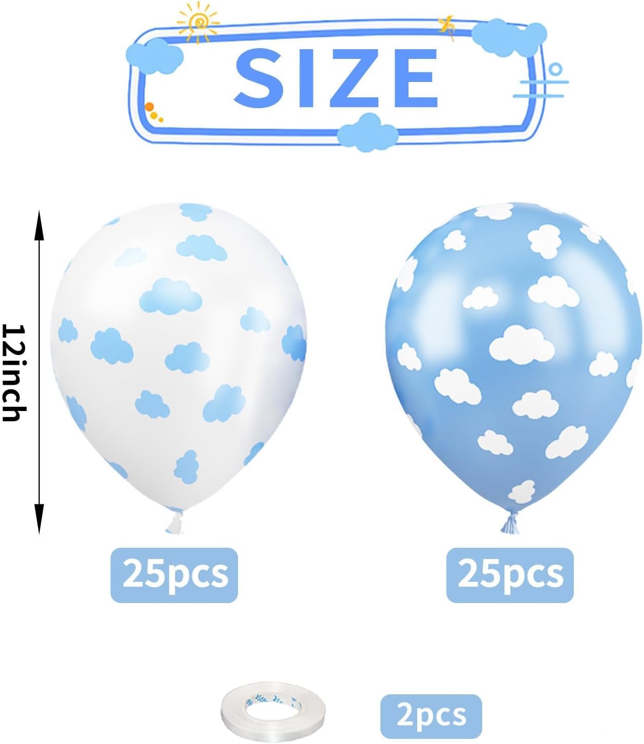 Cloud Balloons, 52 PCS 12 Inch Blue White Balloons With Clouds Print for Birthday, Baby Shower, Cloud Themed Party Decorations Supplies