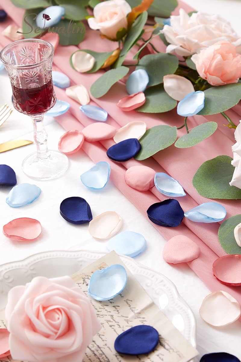 Serwalin 500pcs Silk Rose Petals Artificial Flower Pink Navy Blue for Weddings Proposal Fake Petals for Flower Girl Basket Bridal Shower (4 Color Mixes)