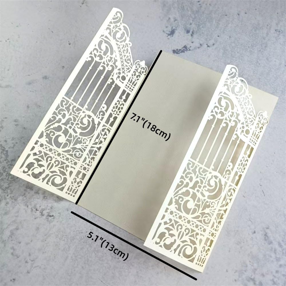 MillaSaw Pearl Ivory Laser Cut Wedding Invitation Card Fence Design For Wedding Engagement Birthday Party 25 Sets (IVORY PEARL PAPER, 4.9"x7.1")