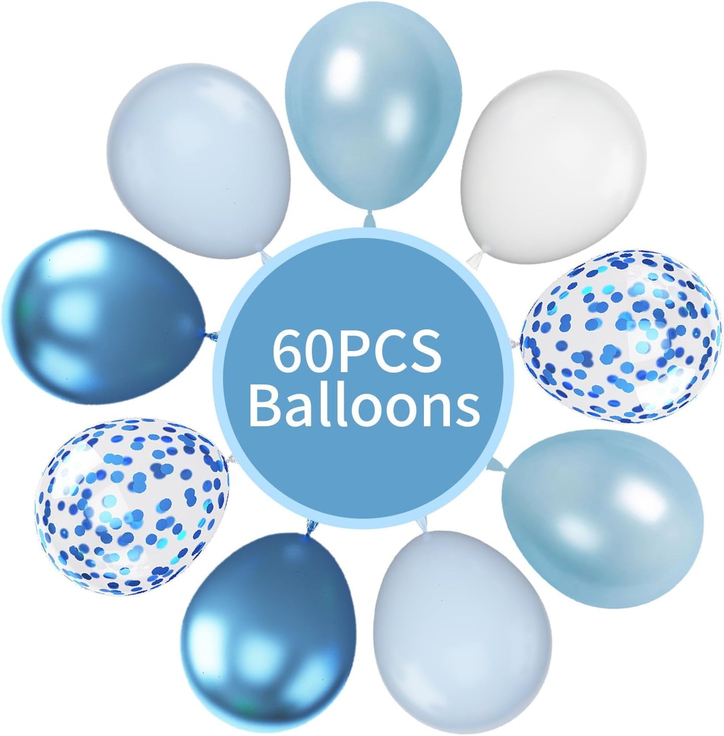 60pcs Blue & White Balloons - 12in Metallic Blue Pearl Confetti Latex - Boys Birthday, Baby Shower, Wedding Decorations