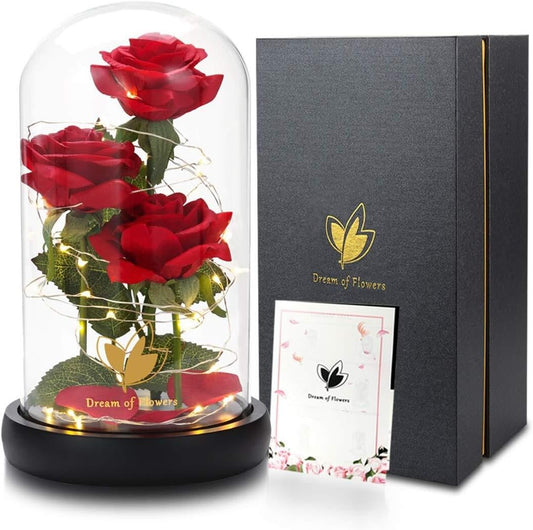 Beauty and The Beast Rose,Eternal Flower with 40 LED Lights Up in Glass Dome,Gifts for Mom,Birthday Gifts for Women,Wife,Girlfriend,Graduation,Anniversary,Christmas,Mothers Day-Classic Red Rose