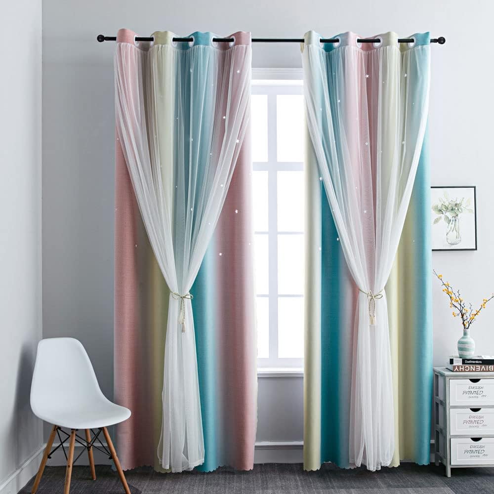 FANLI Ombre Rainbow Blackout Curtains for Kid Girls Bedroom Living Room Darking Stripe Double Layer Star Cut Out Wall Home Decor Gradient Grommet Window Curtains (Pink/Blue, 52W x 63L)