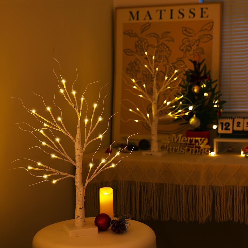 2FT Lighted Birch Tree,Christmas Decorations for Indoor,Table Top Christmas Trees with Lights,Dual Power USB or Battery,Lighted Tree for Winter Holidays Halloween Wedding Decor Set of 2