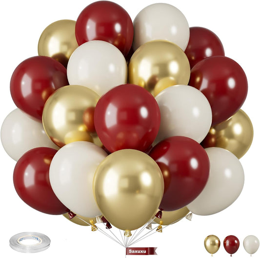 Red and Gold Balloons, 12 Inch Burgundy Gold Balloons, Maroon Balloons, Metallic Gold Dark Red White Latex Balloons Helium Support for Wedding Anniversary Engagement Birthday Party Decorations