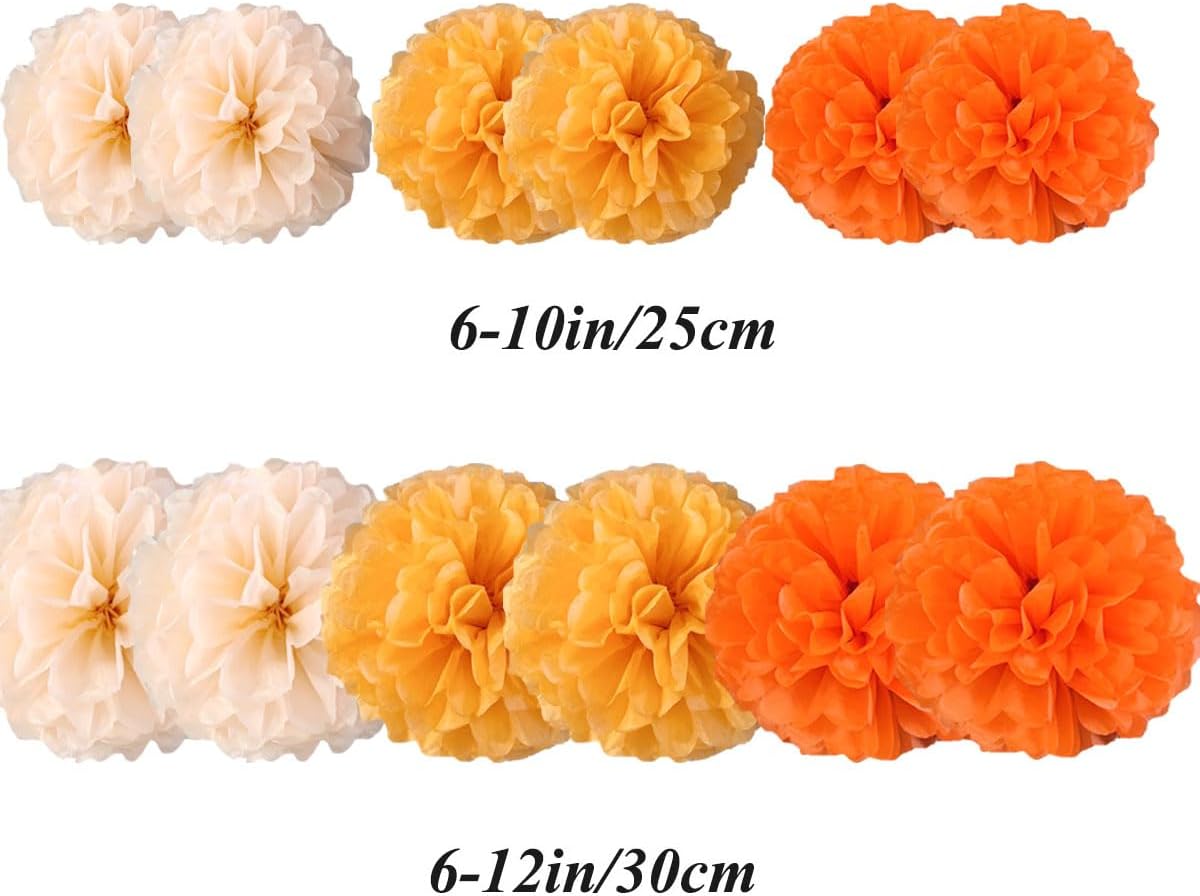 Yangeey 12pcs 10in 12in Orange Paper Pom Poms Tissue Paper Flower Hanging Paper Flower Balls Wedding Party Flower Decorations DIY Art Craft Blooms for Birthday Baby shower nursery decor