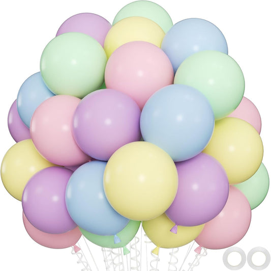100-Pack Mix Macaron Balloons Kit, Helium Quality Paetel Pink Blue Purple Green and Yellow Latex Balloons for Birthday, Baby Shower, Spring Daisy Floral Theme Party Decoration
