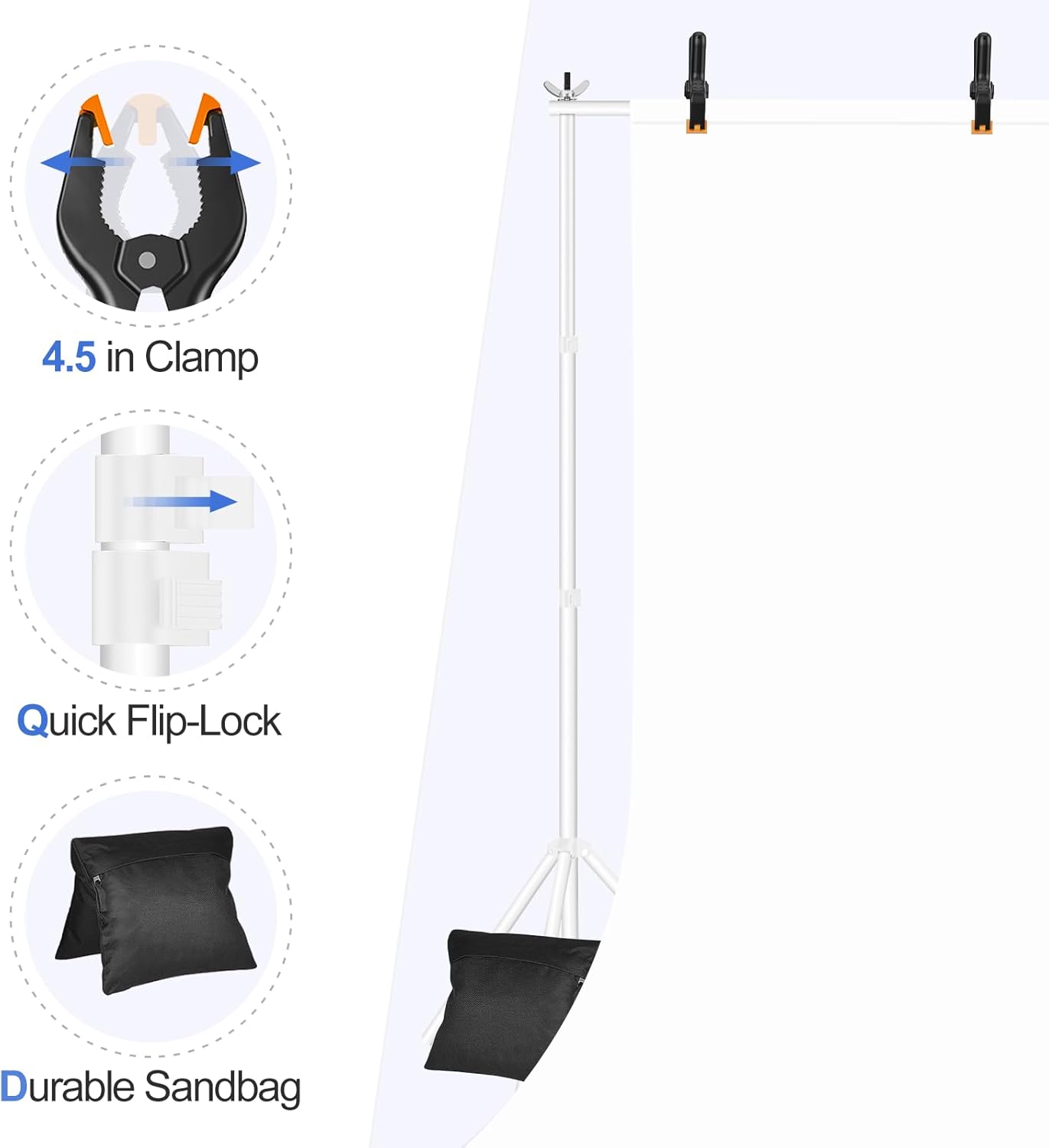 EMART Backdrop Stand 10x7ft(WxH) Photo Studio Adjustable Background Stand Support kit with 2 Crossbars, 8 Clamps, 2 Sandbags and Carry Bag for Parties, Events Decoration, Wedding, Photography -White