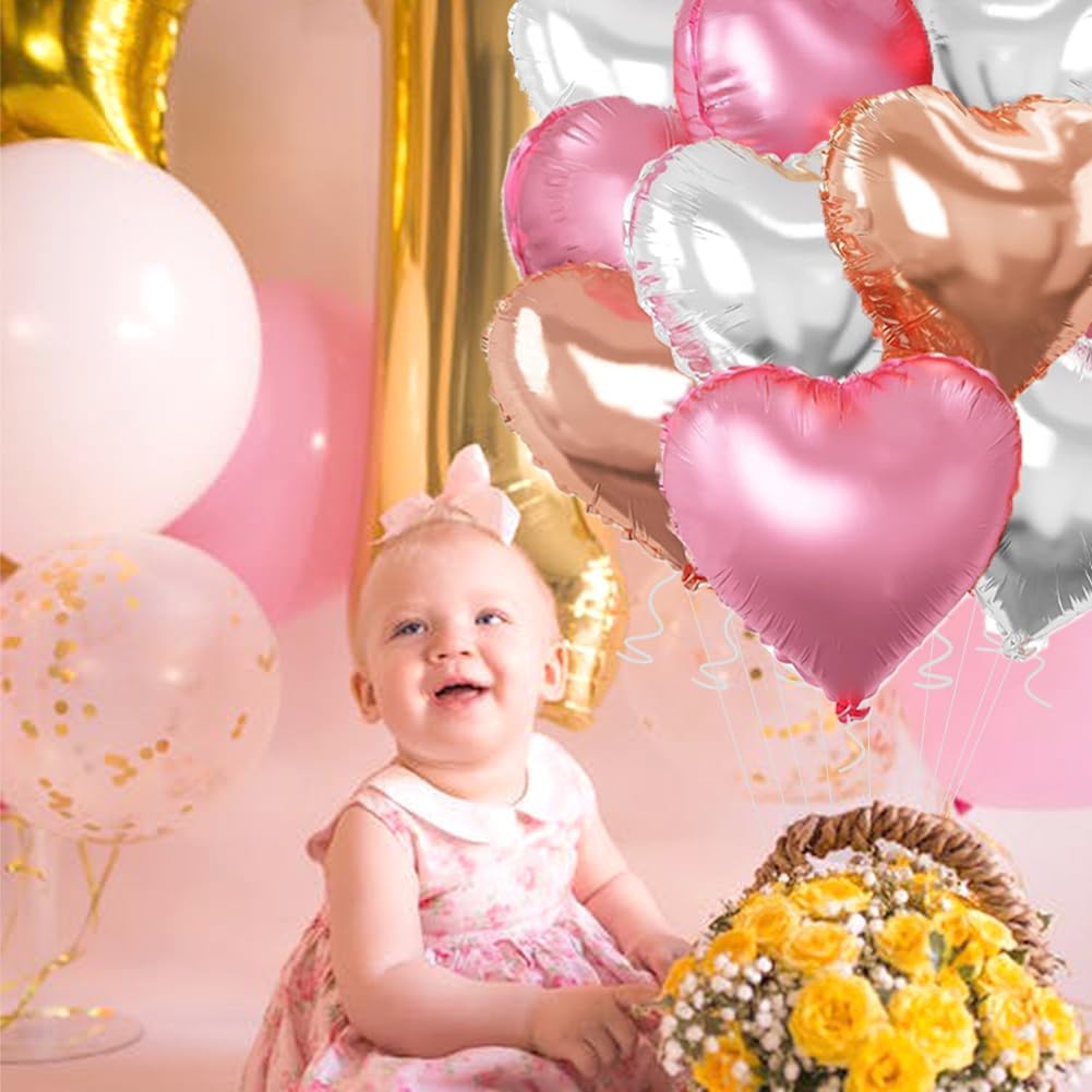 Rose Gold & Silver Heart Balloons，18 Inch Light Pink Foil Love Heart Shaped Balloons for Birthday Party Bridal Engagement Wedding Anniversary Baby Shower Valentines Decorations 12Pcs