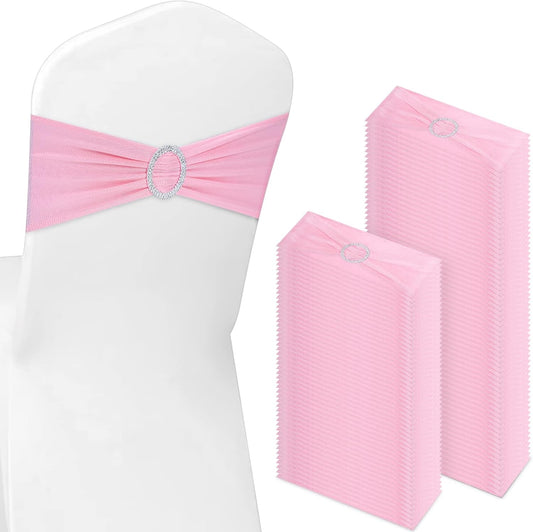 CHENGU 150 Pieces Spandex Stretch Chair Sashes Bows Elastic Chair Cover Bands Ties with Buckle Slider for Wedding Party Reception Events Universal Ceremony Banquet Decorations (Pink)
