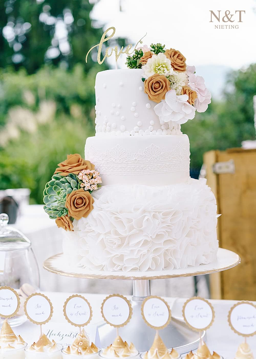 N&T NIETING Artificial Flowers 50pcs Real Looking Gold Yellow Foam Fake Roses with Stems for DIY Wedding Bouquets White Bridal Shower Centerpieces Arrangements Party Tables Decorations