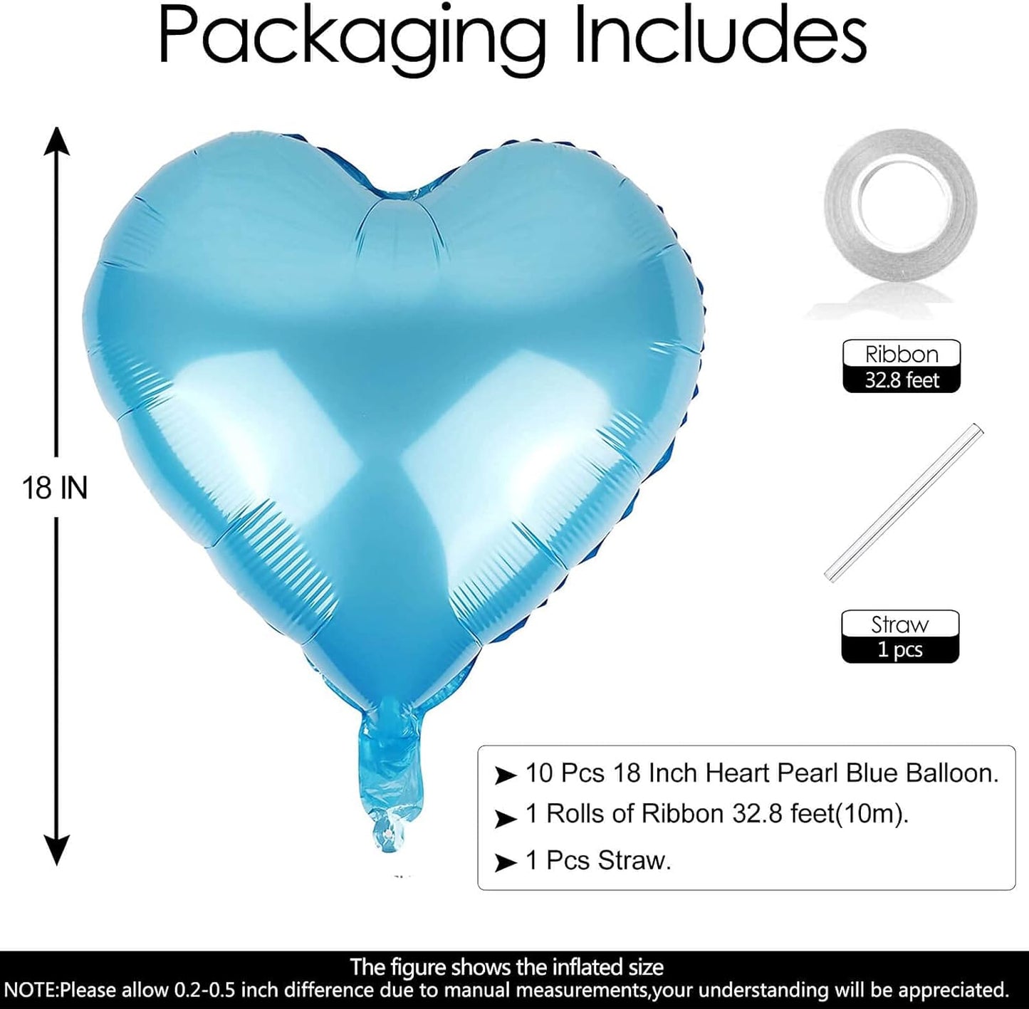 10pcs Pearl Blue Foil Heart Shaped Balloons - 18 Inch Heart Mylar Balloons for Baby Shower, Wedding, Valentine Decorations