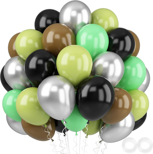 Green and Brown Balloons, 52 PCS 12 Inch Metallic Chrome Silver Light Green Fruit Green Black Brown Latex Balloons, Camping Game Jungle Theme Camo Birthday Baby Shower Army Party Decorations