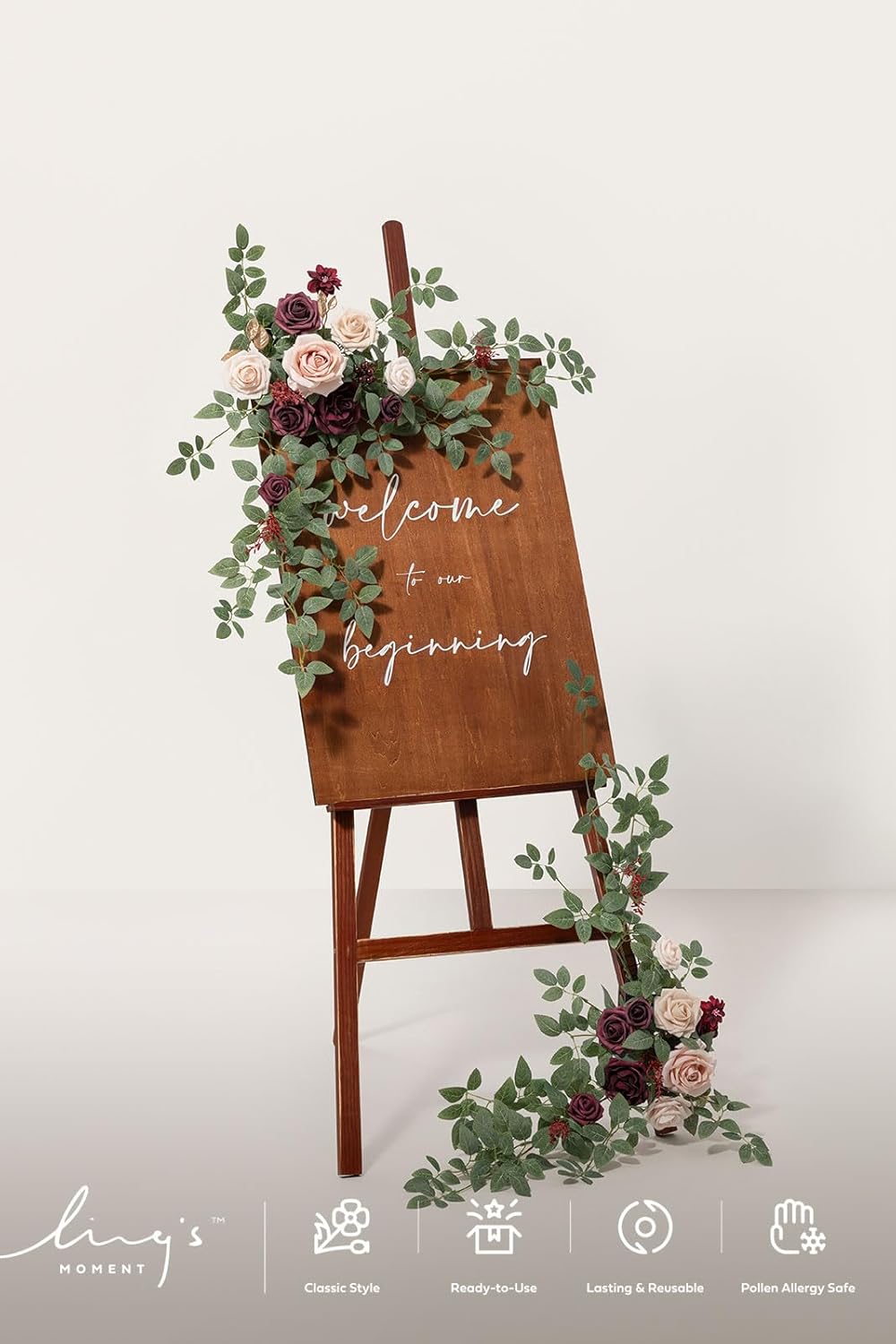 Ling's Moment 2pcs Wedding Flowers Garland Artificial Floral Swag Arch Decorations Rose Greenery Arrangements Marsala Blush Ceremony Reception Garden Easel Wall Entryway Outdoor board(NOT Include Sign