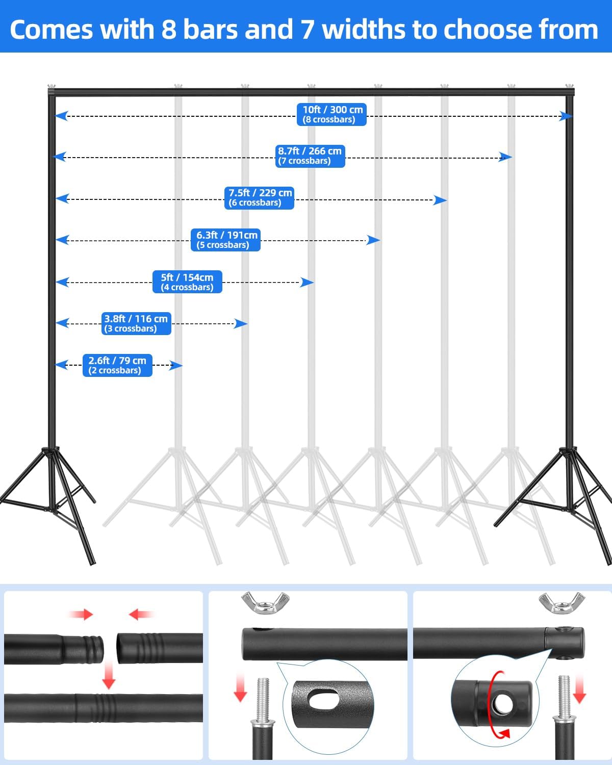Hemmotop Backdrop Stand 10x8ft, Heavy Duty Photography Background Stand for Parties, Adjustable Photo Backdrop Stands Kit for Wedding, Photo Booth, Party, Decoration, Balloon, Projector Screen