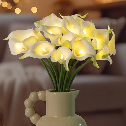 20pcs Artificial Calla Lily Bouquet Lamp Faux Floarl Night Light Real Touch Flower Night Lamp LED Calla Lily Lighted Artificial Flower for Mother's Day Gifts Home Kitchen Decor(White)