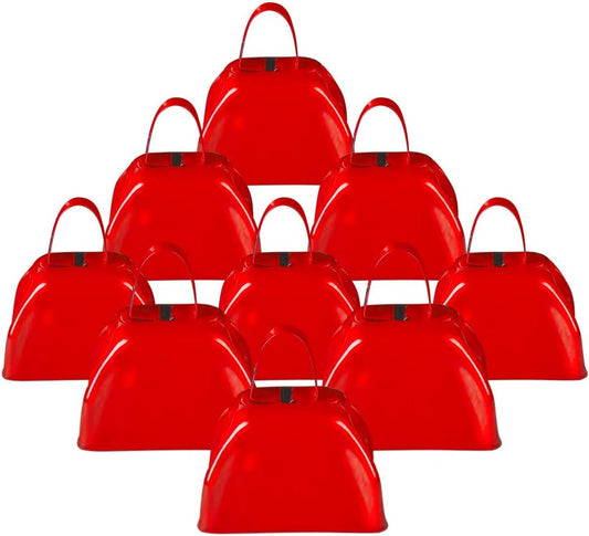 ArtCreativity 3 Inch Red Metal Cowbell Noisemakers - Pack of 12 - Loud Metal Cowbell Noise Makers with Handles, Great for Football Games, Sporting Events, New Year’s Eve, for Kids and Adults