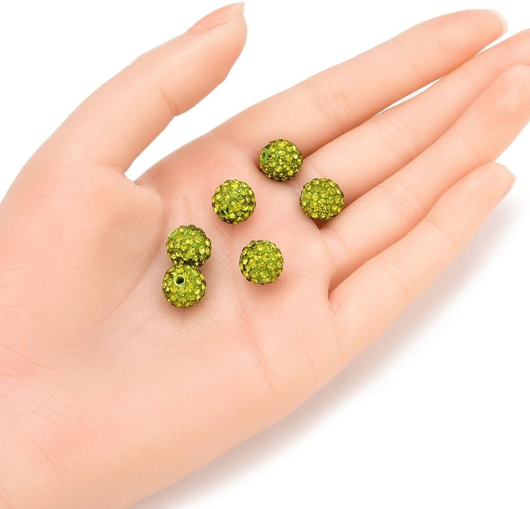 50pcs Adabele Grade A Suncatcher Crystal Rhinestone Pave Loose Beads 10mm Olivine Green Polymer Clay Disco Ball Spacers Compatible with Shamballa All Craft Jewelry Making DB10-17