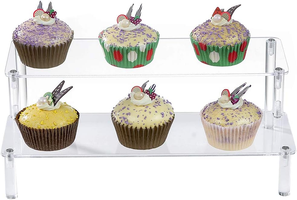 BYCY Acrylic Clear 2-Tier Riser Display Shelf for Figures, Desserts Holder, Collections Organizer and Cosmetic Items Shelf (12" x 6.9" x 4.25")