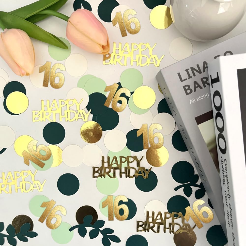 Sage Green 16th Happy Birthday Confetti, 16th Birthday Table Decorations Scatter Green Gold Foil Cake Confetti Decorations for 16 Bday Girls Boys Party Decor 230 Pcs