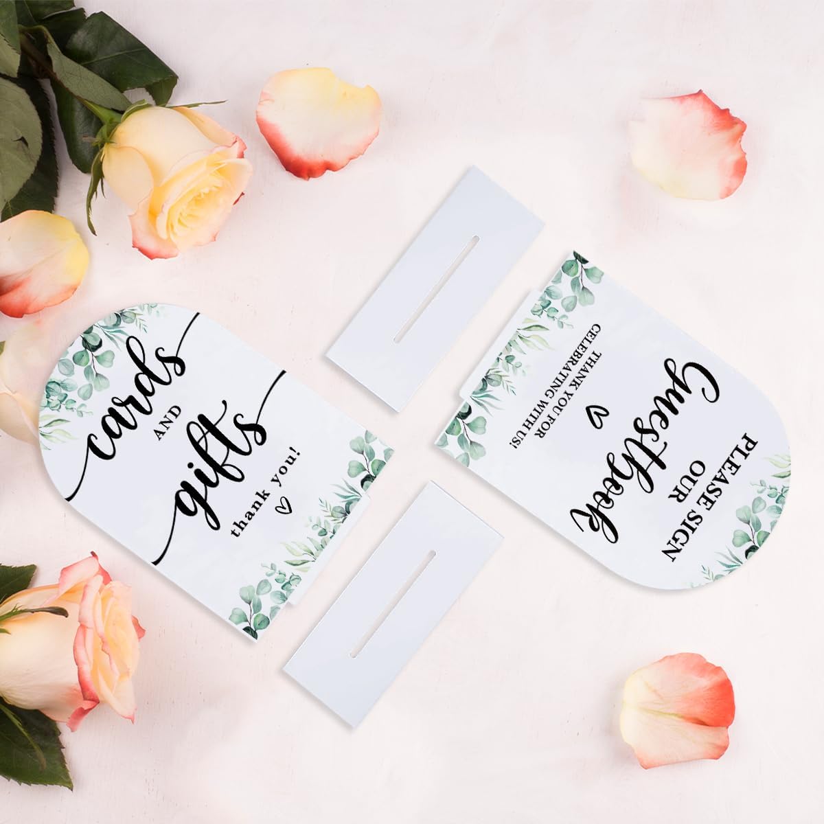 2 Pcs Acrylic Wedding Signs for Reception, Bridal Shower Decorations, Cards and Gifts Signs, Guest Book Sign, Arch Acrylic Table Top Sign with Holder for Wedding Reception (White Eucalyptus Leaves)