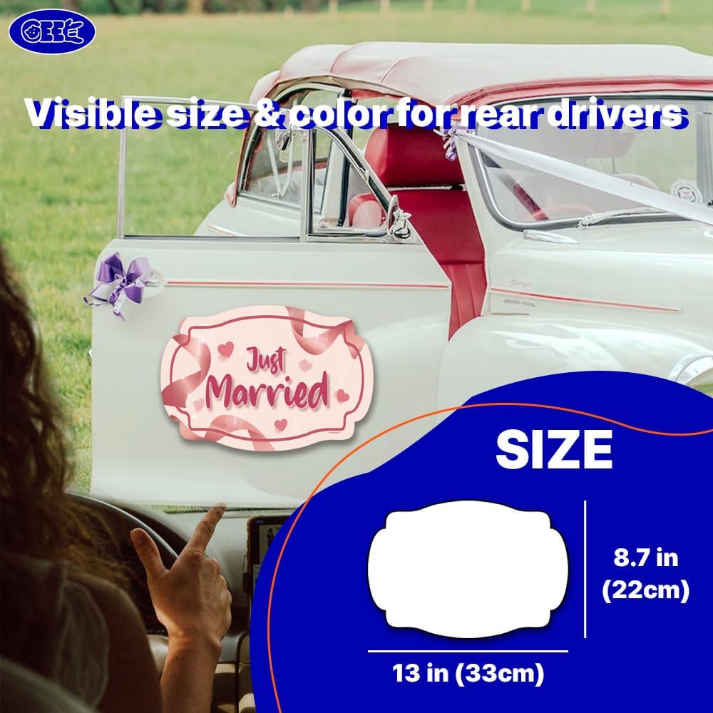 GEEKBEAR Just Got Married Car Magnet (2 Pack) - 13 x 8.7 in (Pink Ribbon)