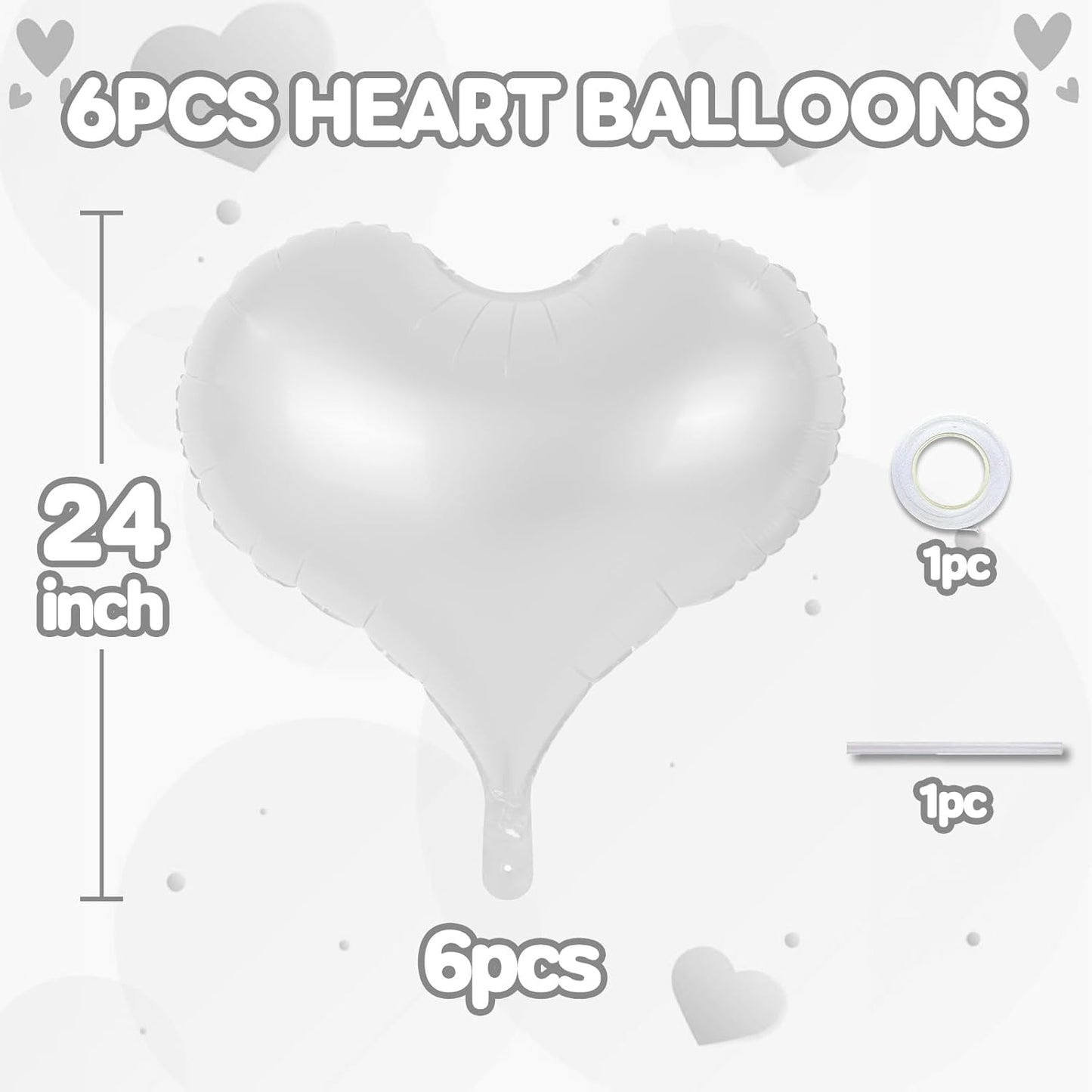 24 Inch White Heart Balloons, Heart Shaped Foil Balloons, White Wedding Helium Balloon for Valentines Day Bridal Shower Anniversary Wedding Birthday Party Decorations