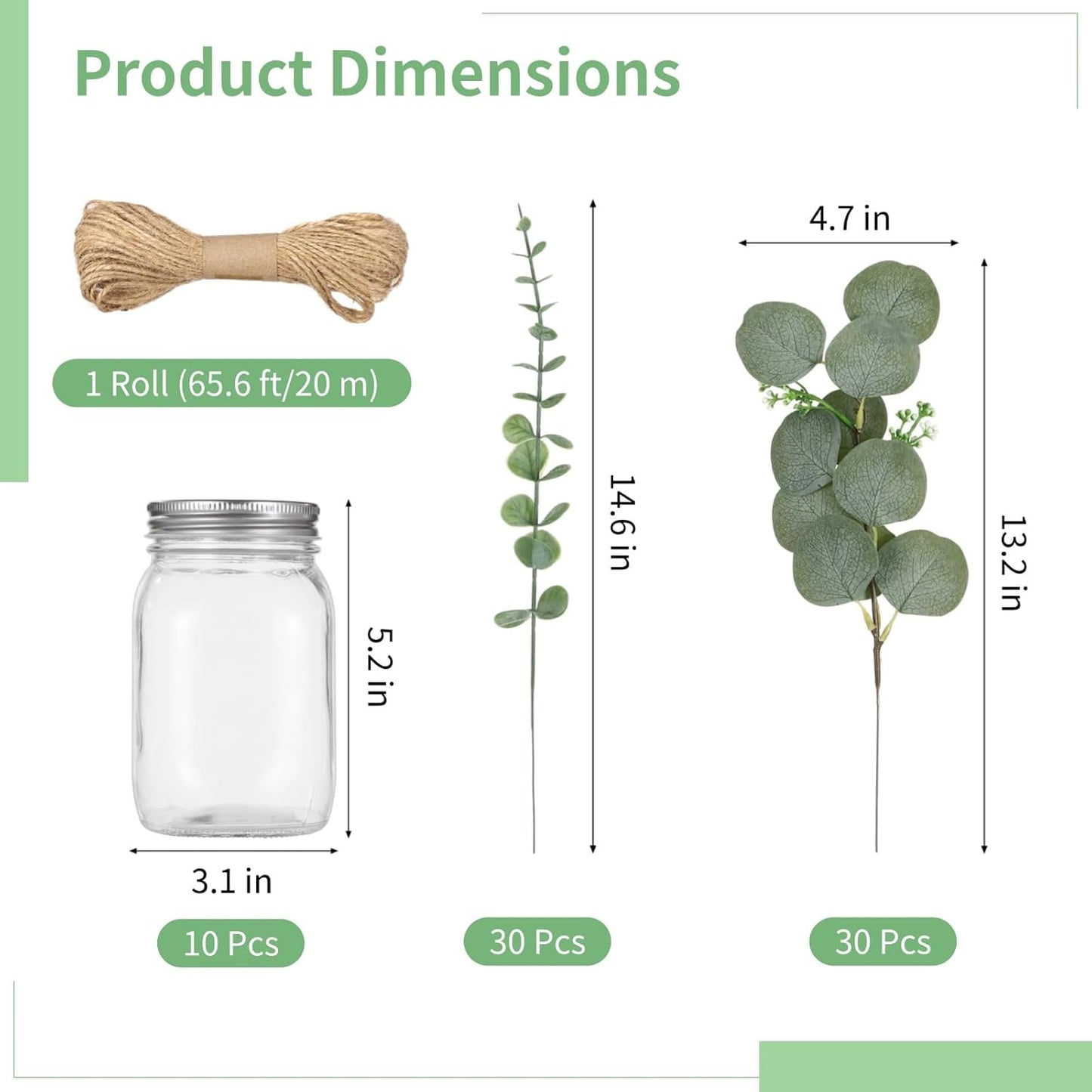 10 Set Mason Jar Centerpieces for Tables Centerpiece with Eucalyptus Breath, Clear Glass Mason Jar Vases with Rope, Wedding Table Centerpieces Bridal Shower Engagement Reception Rustic Farmhouse Decor