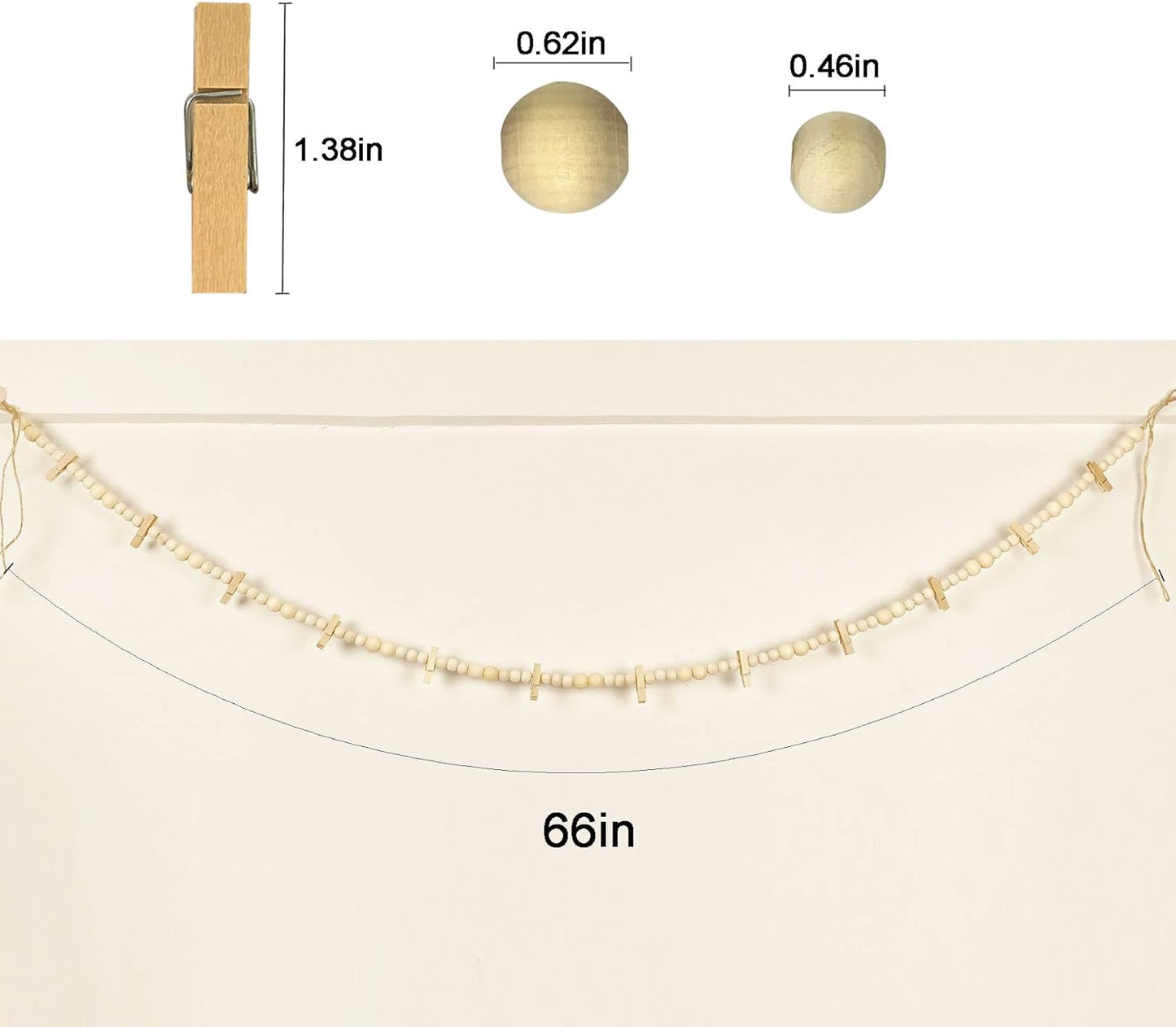 Hanging Photo Display With 12 Clips, Wooden Bead Garland 2PCS, Boho Style Collage Photo Frame Decoration for Dorms, Classrooms, Bedrooms