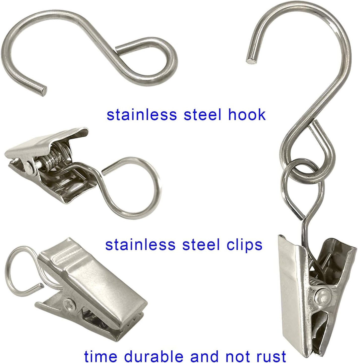 Stainless Steel S Hooks Curtain Clips, 50 Pack Hanging Party Lights Clips, Hangers Gutter Photo, Art Craft Display, 2.4 Inch Long, Silver
