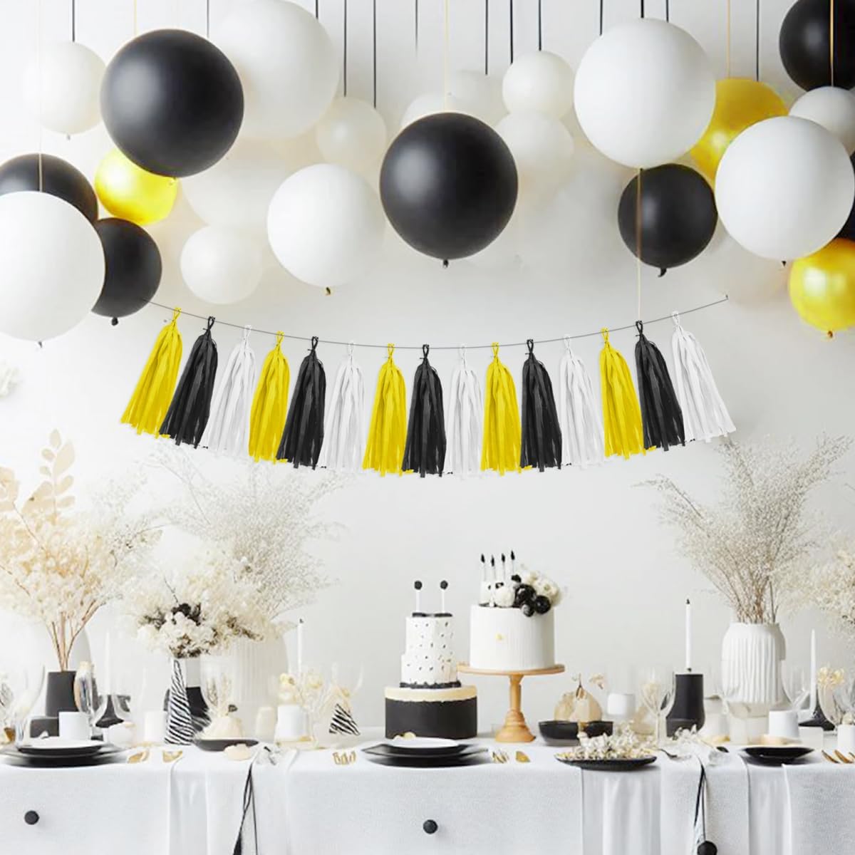 Yellow White Black Party Decorations - 15pcs Tissue Paper Tassel Garland for Birthday Baby Bridal Shower Wedding Graduation Hanging Decor HongTongTong