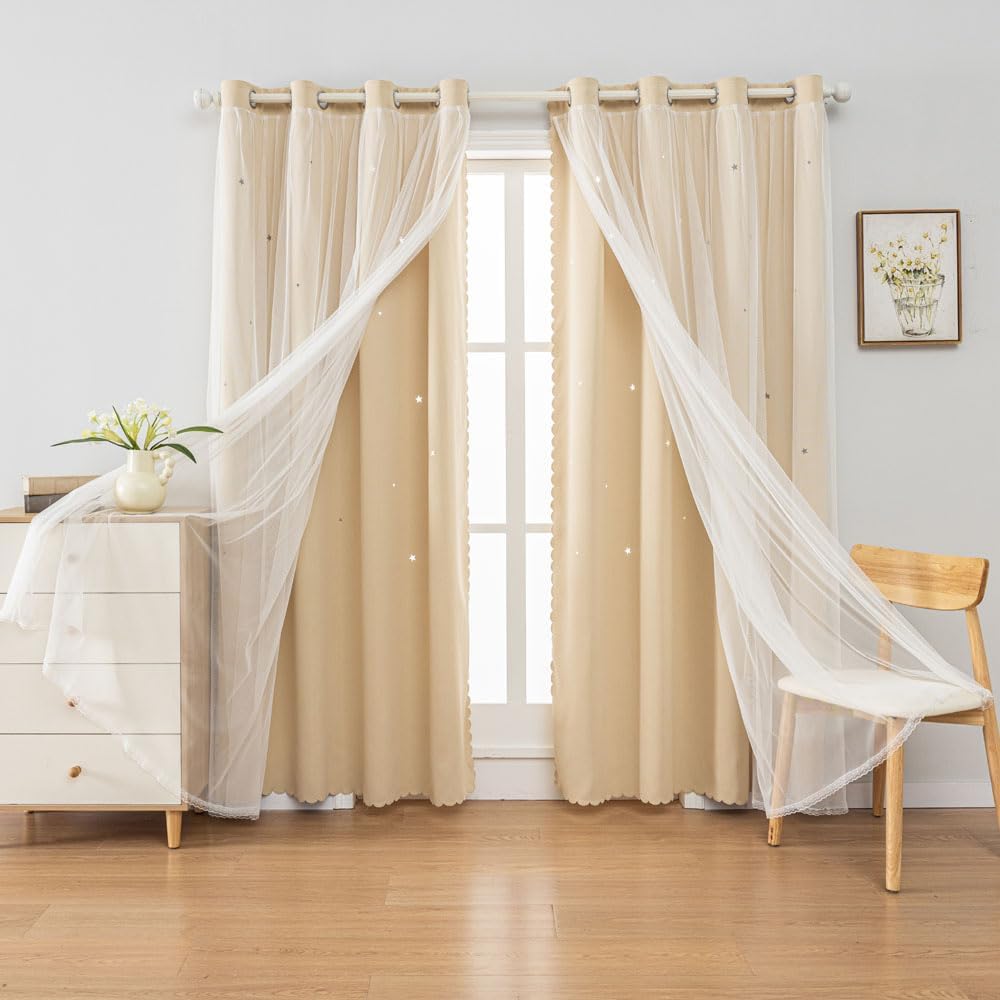 FANLI 2 Panels Star Blackout Curtains for Kid Girls Bedroom Living Room Darking Stripe Double Layer Star Cut Out Wall Home Decor Gradient Grommet Window Curtains (Beige 63L)