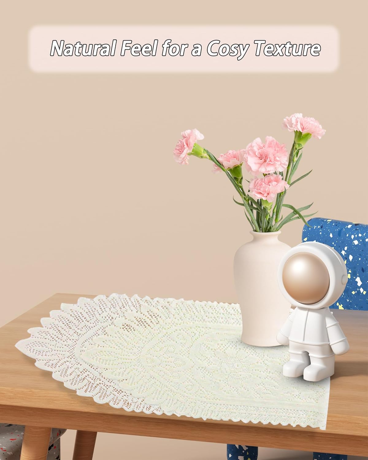 Tinsow 2 Pack Cotton Crochet Lace Rectangular Table Runner Dresser Scarf Doilies (Beige Without Tassels)