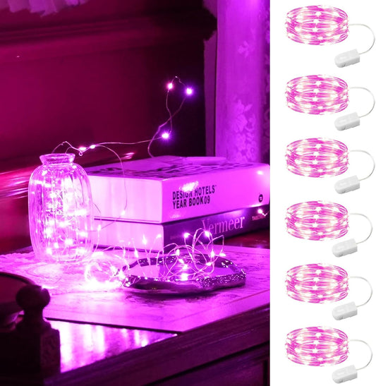 HXWEIYE 6 Pack Pink Fairy Lights Battery Operated, 7ft 20LED Mini Fairy Mason Jar Light, Waterproof Firefly Starry Lights for DIY Wedding Party Bedroom Patio Christmas Décor