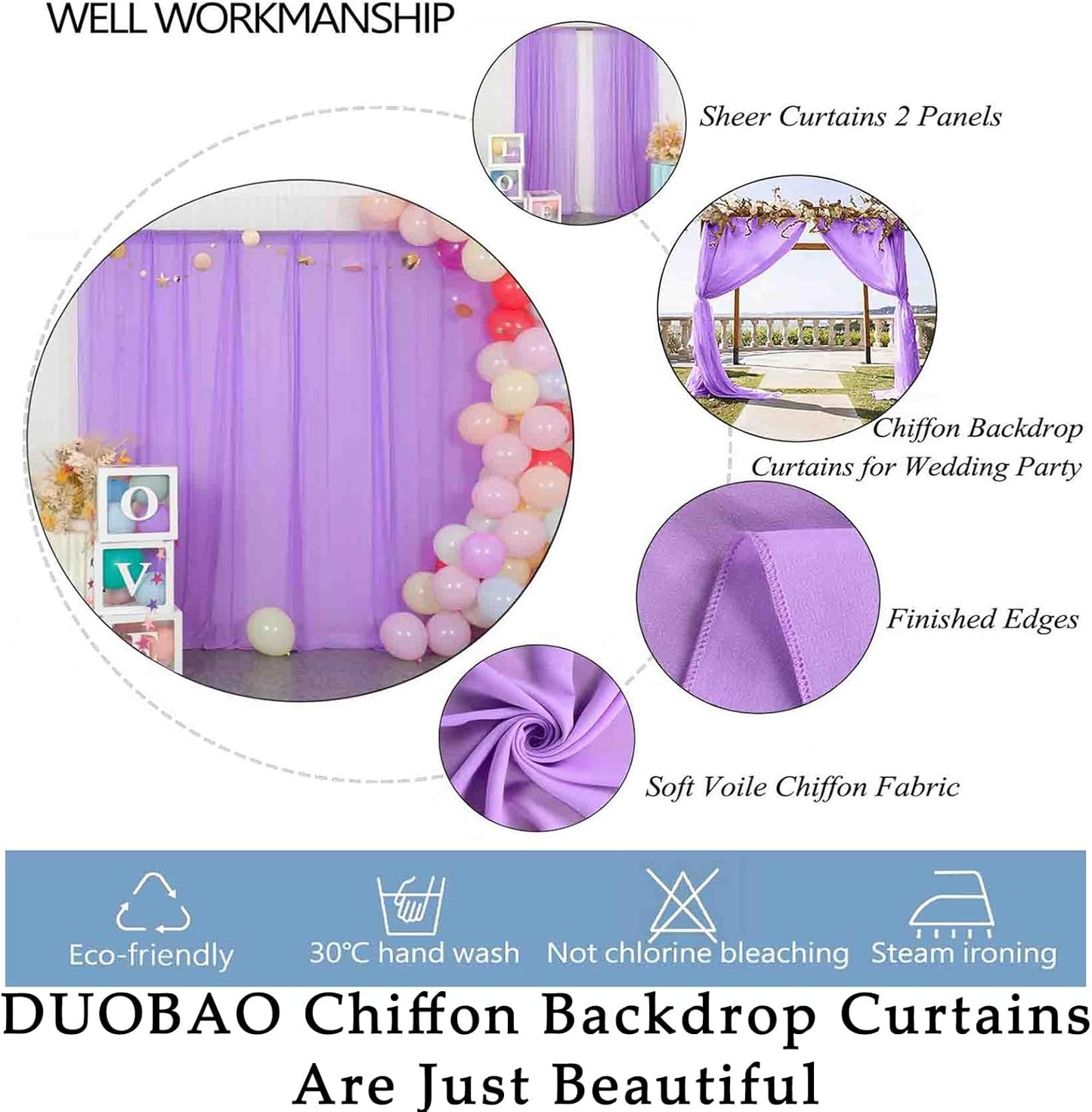 DUOBAO Lavender Chiffon Curtains 2 Panels 58 Inch Width by 120 Inch Long Light Purple Wedding Sheer Backdrop Drapes Window Curtain for Living Room Voile Photography Backdrops(5FTx10FT)