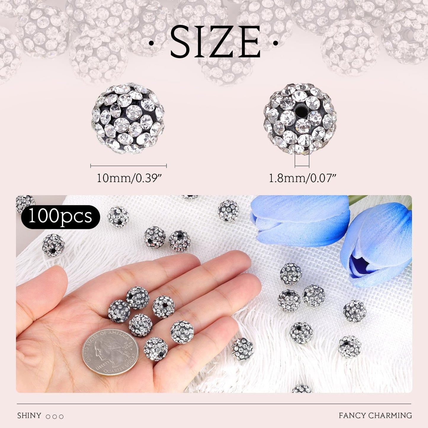 100pcs 10mm Rhinestone Beads for Jewelry Making, Black White Shiny Round Shamballa Disco Ball Beads, Sparkle Crystal Clay Christmas for Bracelet Baseball Necklace Earring Crafting and DIY