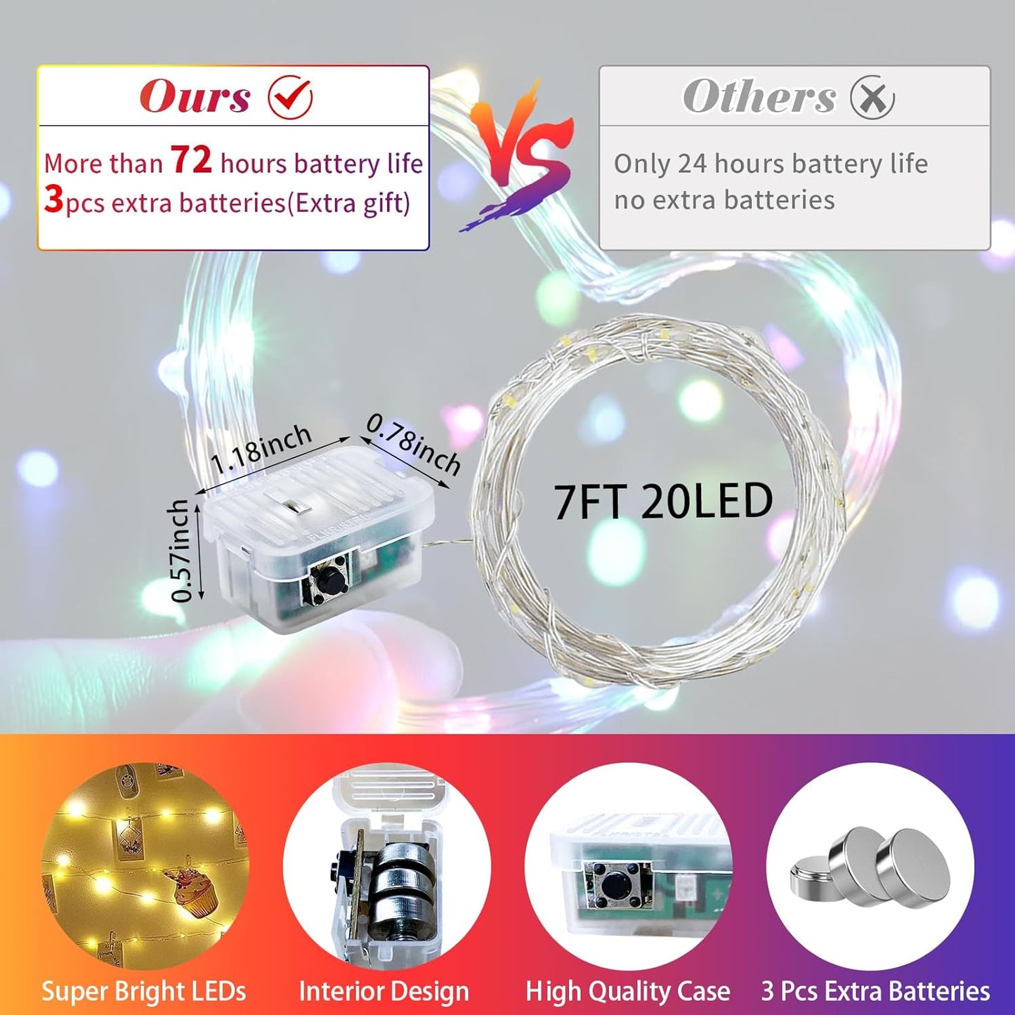 12 Pack Rainbow Fairy Lights 7Ft 20 LED Twinkle String Lights 3 Modes Battery Operated Waterproof Firefly Starry for Mason Jar Party Wedding Christmas Valentines Day Table Centerpieces