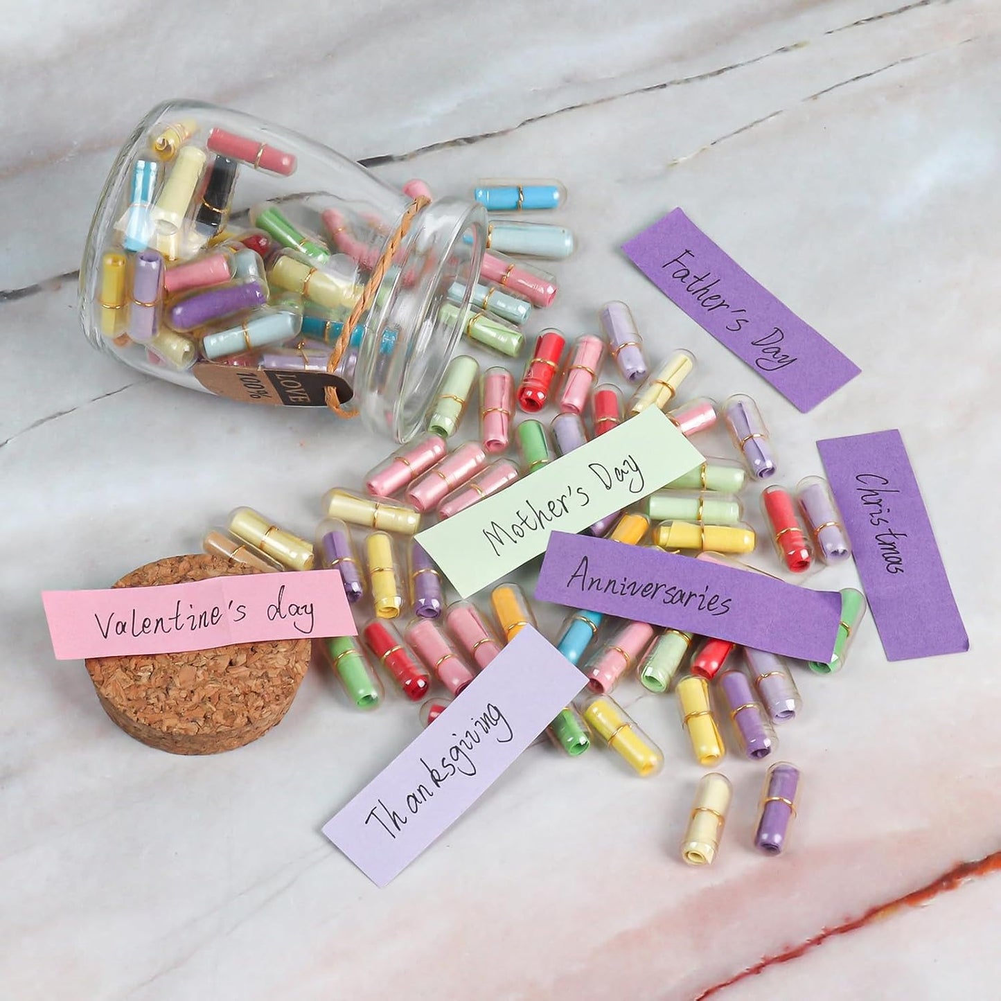 Capsule Letters Message in a Glass Bottle，Message Pills Love Letter Gift for Boyfriend Girlfriend Wife Friend Birthday Christmas Anniversary Valentine Day. (55PCS in a Bottle)