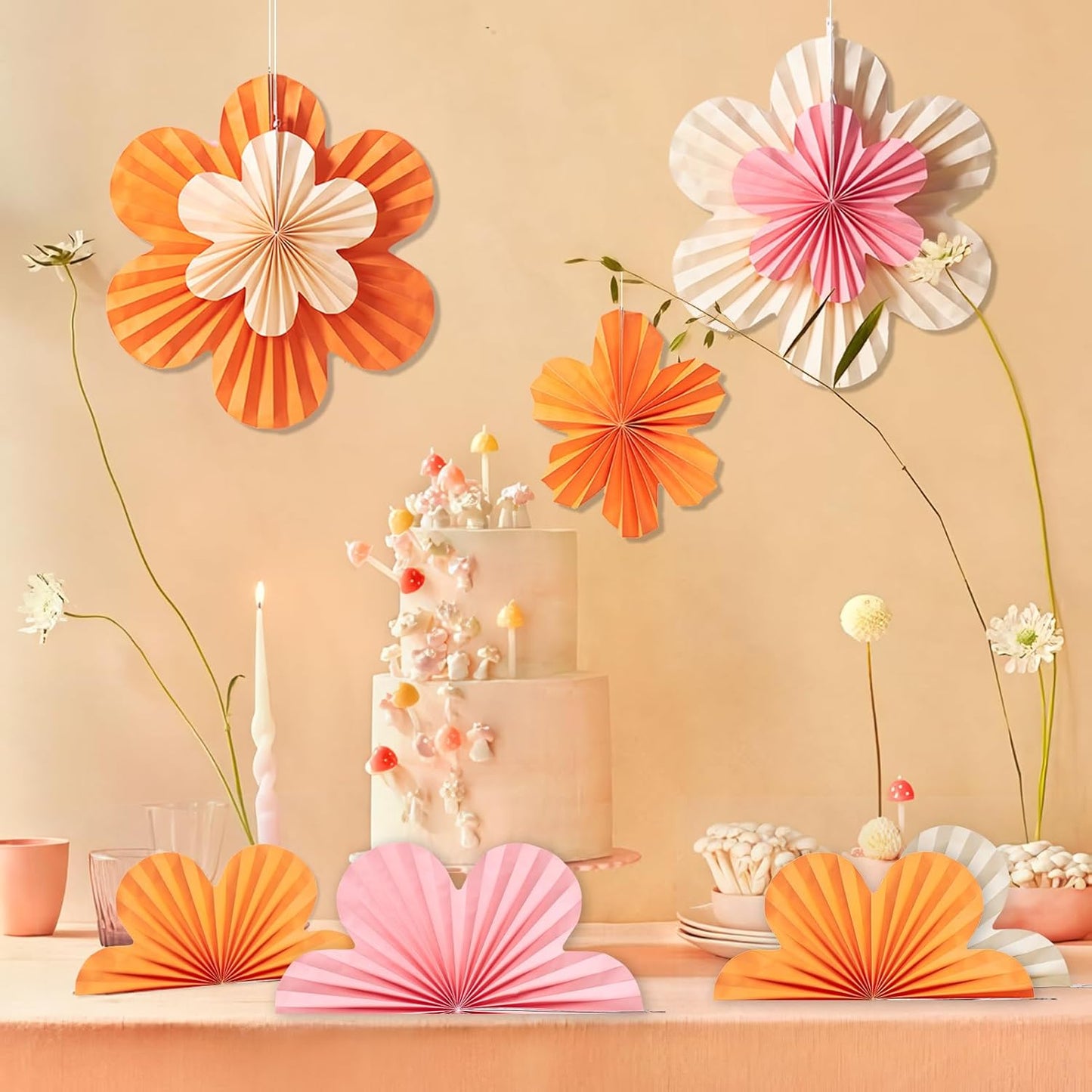 Paper Flowers Decorations for Wall Orange Paper Fans Classroom Decoration Paper Floral Backdrop Decor Paper Fans Decoration Hanging Paper Fans Pink Flower Wall Decor, Set of 9