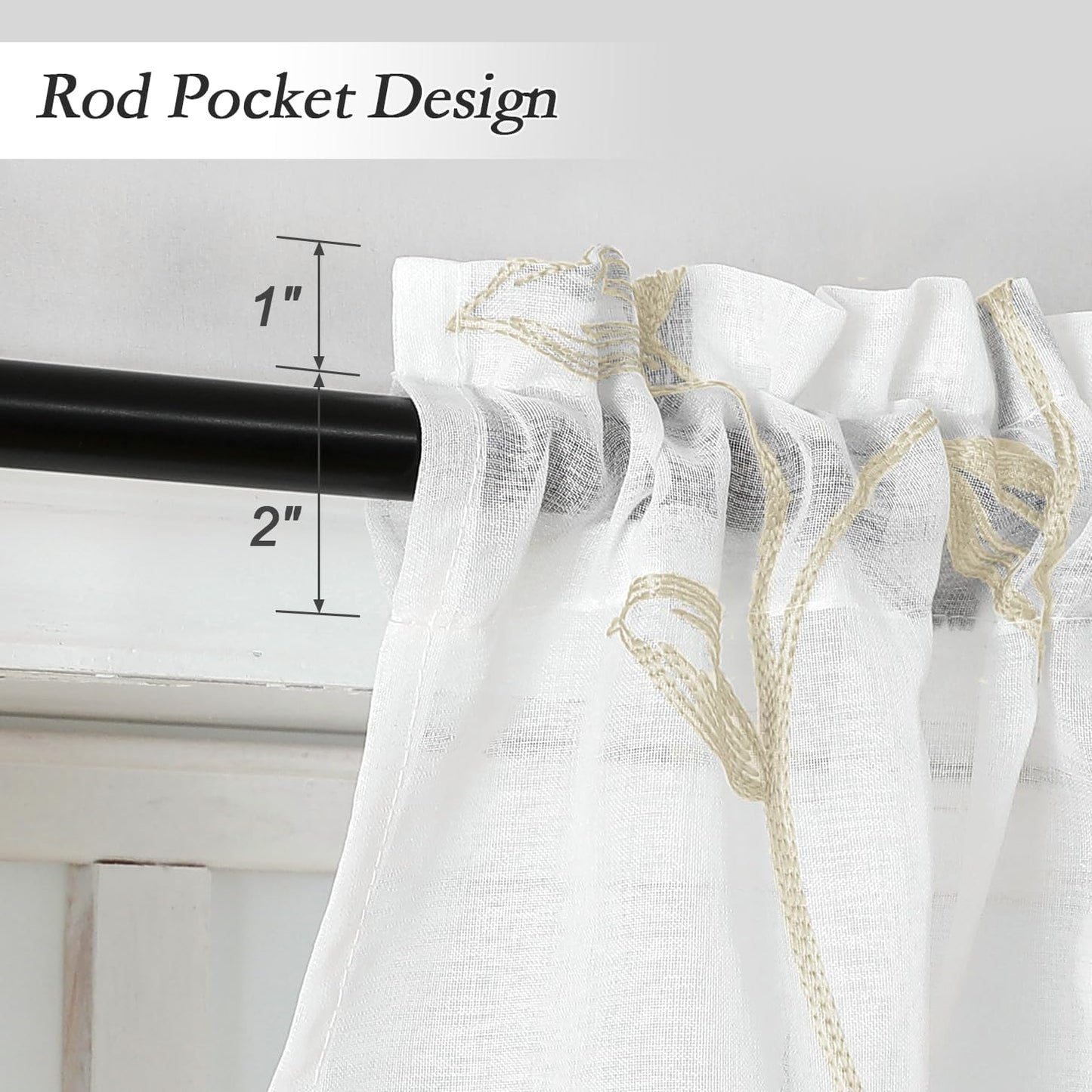 VISIONTEX Sheer Voile Curtain Valances, Decorative Leaves Embroidered, Rod Pocket Window Treatment for Kitchen/Rustic Bedroom/Living Room (54 x 16 Inch,1 Panel)