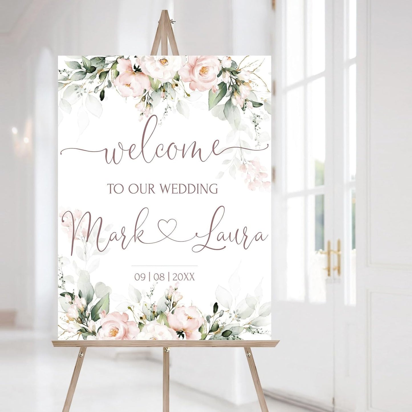 Personalized Wedding Welcome Sign, Blush Pink Floral Wedding Sign Signage 12" X 18" (Small), 27" (Medium), 36" (Large), Plastic, Modern, Pole Mount, Weather