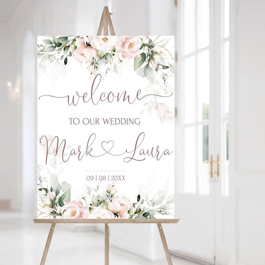 Welcome Wedding Signs, Soft Blush Pink Wedding Sign Decorations Signage 12" X 18" (Small), 27" (Medium), 36" (Large), Plastic, Modern, Pole Mount, Weather