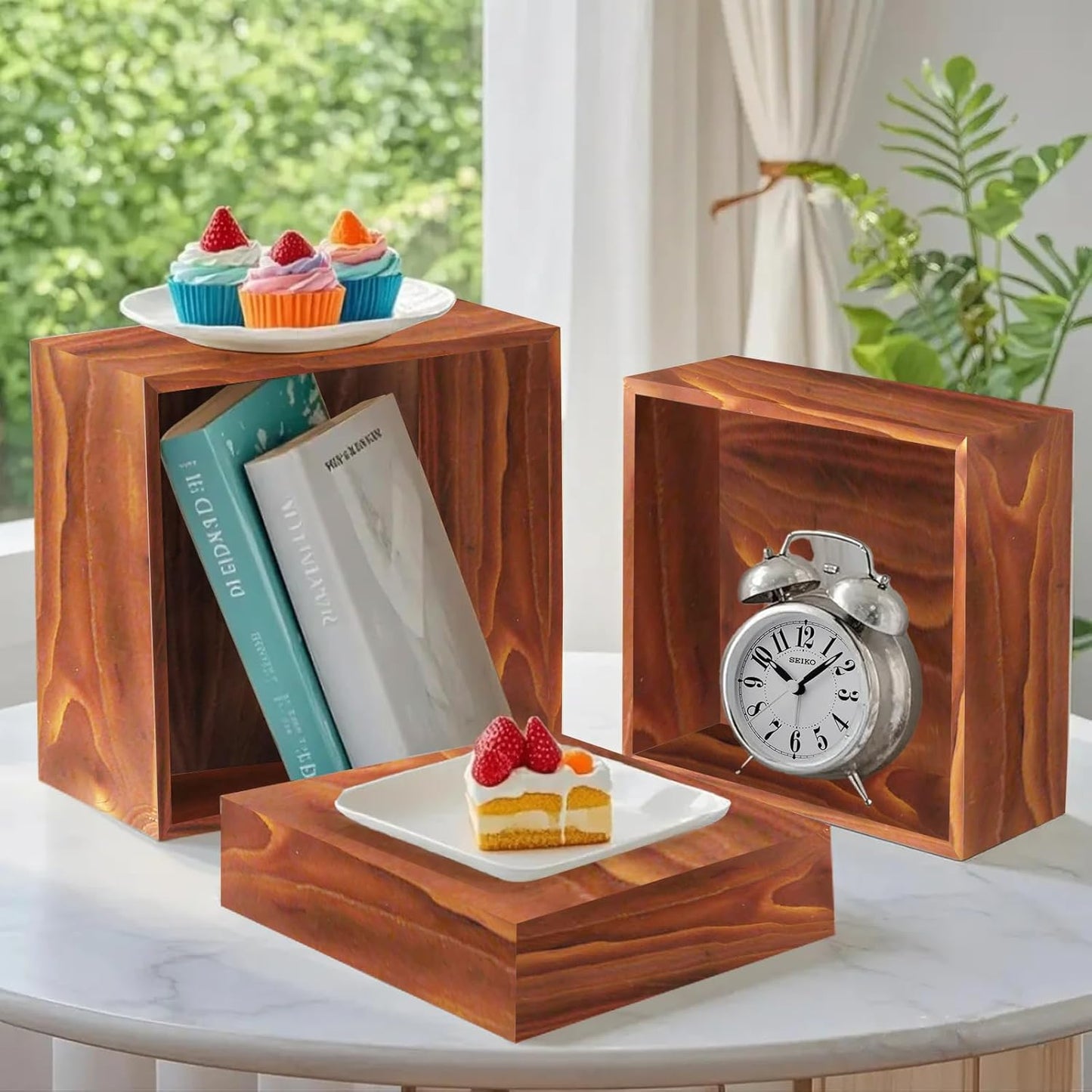 4 Pcs Buffet Risers, Wood Food Riser Dessert Display Stand for Party Wood Cupcake Stands Nesting Box for Display (Burnt)