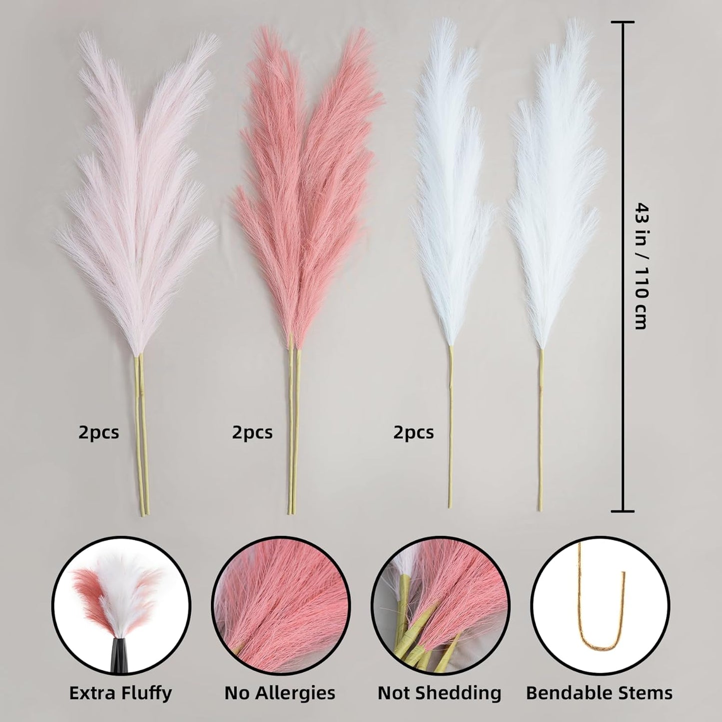 Pampas Grass Decor Tall, 43"/110cm Faux Pampas Grass 6 Stems Large Pompass Grass Branches Tall Bulk Boho Flower Arrangement for Home Room Wedding Party Decor